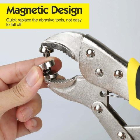 Heavy Duty Snap Fastener Pliers Set With Adjustable Setter And 3 Interchangeable Dies showcasing tool gripping a metal die