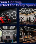 Ultra Bright LED Garage Lighting System with 14-Grid Hex Panels installed in gym, garage, gaming room, and bar.