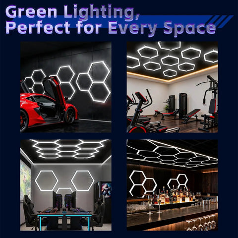 Ultra Bright LED Garage Lighting System with 14-Grid Hex Panels installed in gym, garage, gaming room, and bar.