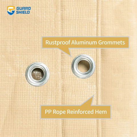 Close-up of rustproof grommets on Beige 12x20 Ft Heavy Duty Waterproof Tarp With Grommets Every 3 Ft, 10 Mil Woven Polyethylene Canopy Tarpaulin, UV Resistant, Heat Sealed Seams, Durable Reusable Yard Cover For Weather Protection