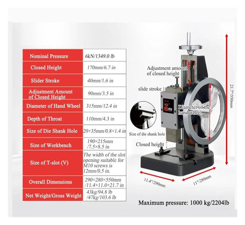 Heavy Duty Cast Iron Manual Arbor Press Workhorse For Precision Punching Riveting Stamping With Adjustable Handwheel Design, technical specifications chart.