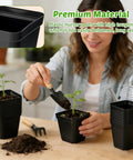 Person planting in 100 Black Square Seedling Pots, 2.6 Inch With Drain Holes, Plus 5 Plastic Seed Starter Trays Propagation Starter Kit.