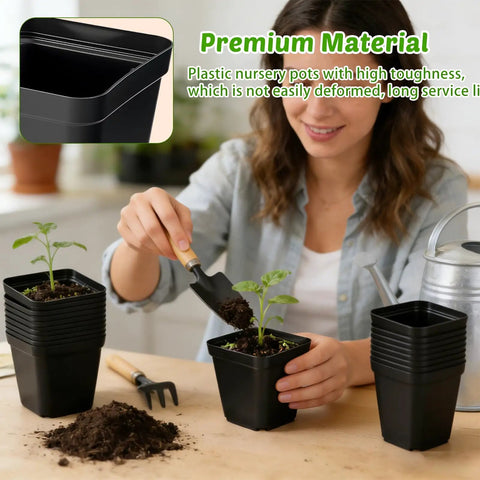 Person planting in 100 Black Square Seedling Pots, 2.6 Inch With Drain Holes, Plus 5 Plastic Seed Starter Trays Propagation Starter Kit.