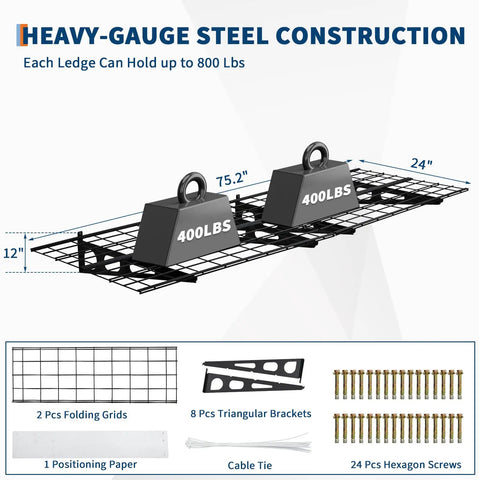 Rock Solid Wall Mounted Garage Shelf 2 Pack 2X6 Ft Heavy Duty Metal Storage Rack Holds 1600 Lbs Total Weight For Shop And Shed Clutter Free Organization Black Steel Finish