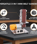 Oreilet 3 In 1 Mini Belt Sander With 7 Speed Adjustable Settings And 20 Sanding Belts For Knife Sharpening Woodworking And Jewelry Polishing Compact Bench Grinder Tool on a table with a yellow motor and sanding belt.