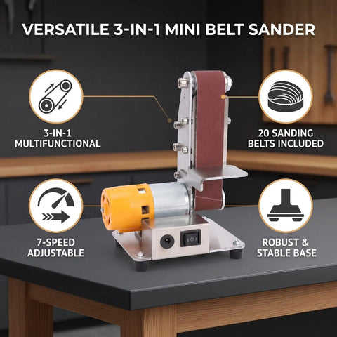 Oreilet 3 In 1 Mini Belt Sander With 7 Speed Adjustable Settings And 20 Sanding Belts For Knife Sharpening Woodworking And Jewelry Polishing Compact Bench Grinder Tool on a table with a yellow motor and sanding belt.