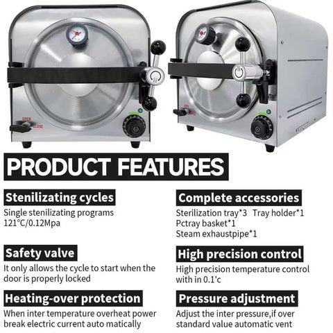 Two HANBENYTEX 14L lab autoclave sterilizers, compact stainless steel steam sterilizers with 3 trays, front and side views.