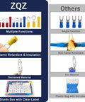 All In One 1520Pcs Electrical Crimp Connectors Kit With Insulated Wire Terminals Including Ring Fork Butt Spade Female And Male Terminals In Three Color Coded Sizes For Easy Wiring Projects Great For Automotive Marine And Home Shop, showing multiple functions and flame retardant insulation.