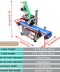 Automatic Flat Labeling Machine With Desktop Conveyor For High Speed Sticker Application on a benchtop with specifications.