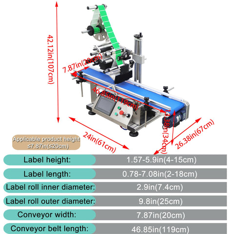 Automatic Flat Labeling Machine With Desktop Conveyor For High Speed Sticker Application on a benchtop with specifications.
