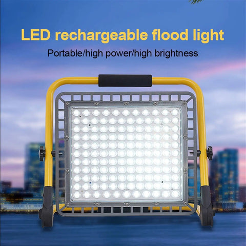 Spot Lighting Portable Rechargeable Led Flood Light 100W 200W 300W 400 with yellow frame and bright white LEDs.