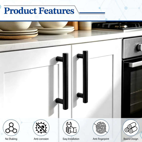 Matte Black Cabinet Handles 4 Pack, Three and Three Quarter Inch Hole Center Kitchen Cabinet Pulls on white doors