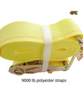 Heavy Duty Ratchet Tie Down Straps 2 Inch X 15 Feet With Reinforced Steel J Hooks 4 Pack rolled yellow polyester straps with buckle.