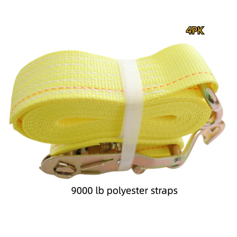 Heavy Duty Ratchet Tie Down Straps 2 Inch X 15 Feet With Reinforced Steel J Hooks 4 Pack rolled yellow polyester straps with buckle.