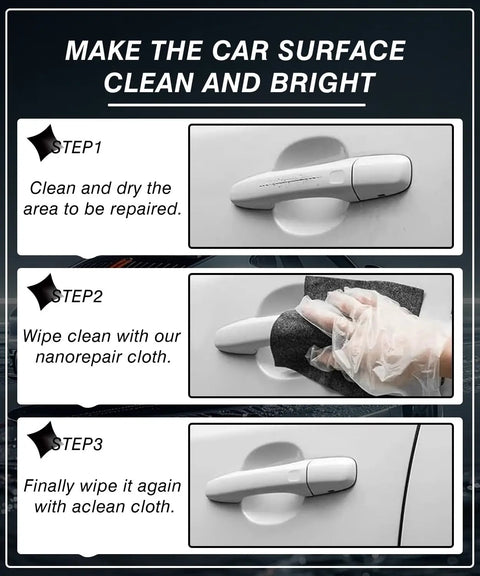 Instruction steps for using Nano Sparkle Cloth Car Scratch Remover Kit for light scratches and swirl marks on a car handle.