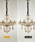 6 Light Crystal Chandelier With Metal Frame And Six Arms Vintage Candle Style Pendant Ceiling Light Cognac Finish With Raindrop Crystals Dimmable Bulbs Compatible 23 Inch Diameter 22 Inch Height Adjustable Chain Up To 47 Inches shown lit and unlit.