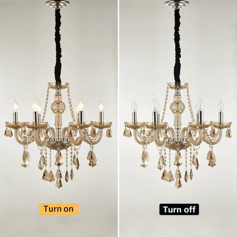 6 Light Crystal Chandelier With Metal Frame And Six Arms Vintage Candle Style Pendant Ceiling Light Cognac Finish With Raindrop Crystals Dimmable Bulbs Compatible 23 Inch Diameter 22 Inch Height Adjustable Chain Up To 47 Inches shown lit and unlit.