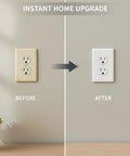 Before and after of a beige and white Duplex Receptacle Wall Plate One Gang 4.5 By 2.75 Inch White Pack Of 12 Premium Quality