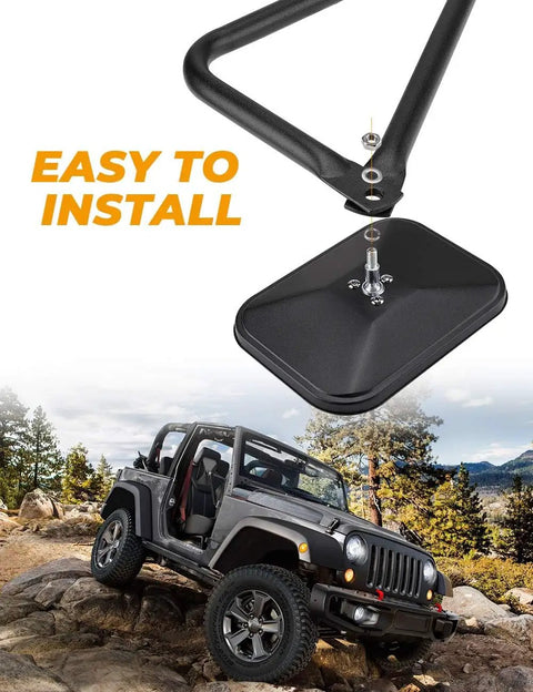 Pair Of Doorless Side Mirrors For Wrangler YJ TJ JK JKU JL JLU Gladiator JT 1987 To 2026 shown with easy install visual on Jeep.