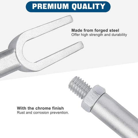 Close-up of 5 Piece Ball Joint Separator Tool Set Pickle Fork Kit For Cars And Light Trucks with chrome plated forged steel.
