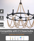 Natural Boho 28 Inch Chandelier With Wooden Bead Tassels And Rust Iron Black Wagon Wheel Frame, 6 Light Retro French Country Candle Ceiling Lighting, Coastal Farmhouse Hanging Fixture For Living Room