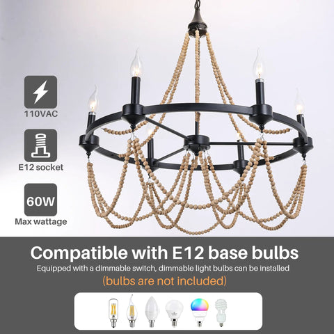 Natural Boho 28 Inch Chandelier With Wooden Bead Tassels And Rust Iron Black Wagon Wheel Frame, 6 Light Retro French Country Candle Ceiling Lighting, Coastal Farmhouse Hanging Fixture For Living Room