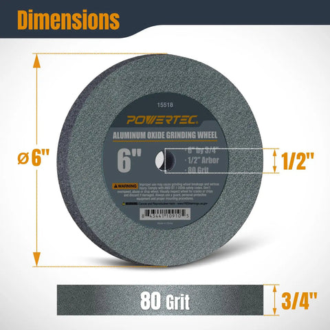 Kick Some Butt With This 6 Inch Bench Grinder Wheel 80 Grit Aluminum Oxide For Sharpening Tools Metal Shaping 3/4 Thick 1/2 Arbor Premium Gear dimensions with size indicators.