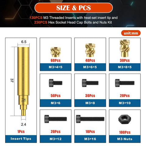 Heavy Duty M3 Brass Knurled Threaded Inserts And Hex Socket Cap Bolts Assortment Kit With Heat Set Tips for 3D printing sizes chart