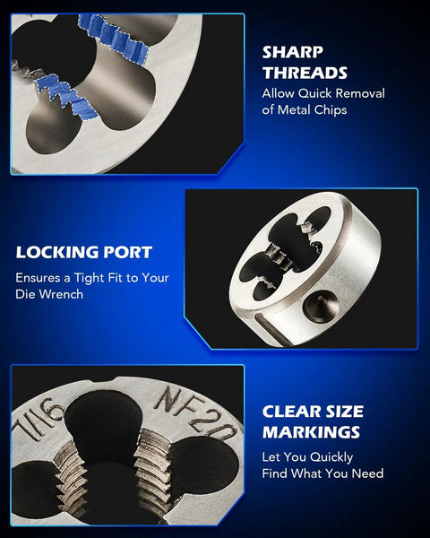Tap and die set collage in steel/silver; close-up thread teeth, locking port, and clear size markings.