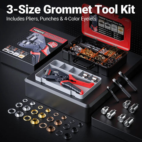 DIY Friendly Grommet Kit With Case Pro Grade Hole Punch Set 1/2 Inch 1/4 Inch 3/8 Inch, tools, case with eyelets and plier