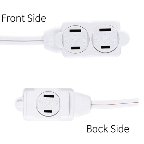White three outlet outdoor power strip with twelve foot extension cord safety outlet covers, front and back view.