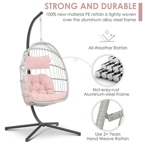 Pink Egg Chair With Stand For Indoor Outdoor Chillaxing, sturdy aluminum steel frame, wicker hammock with UV resistant cushion