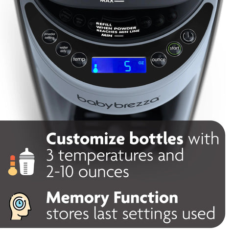 Front view of Baby Brezza Formula Pro Advanced formula dispenser in slate, with digital display and control panel.