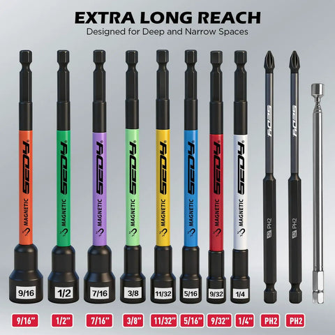 Extra Long Magnetic Nut Driver Set Dope Eleven Piece SAE One Quarter To Nine Sixteenth Inch Kit With Six Inch Nut Drivers PH Two Impact Bits Telescoping Magnetic Pickup Tool Magnetic Storage Rail One Quarter Inch Hex Shank S2 Steel For Automotive And