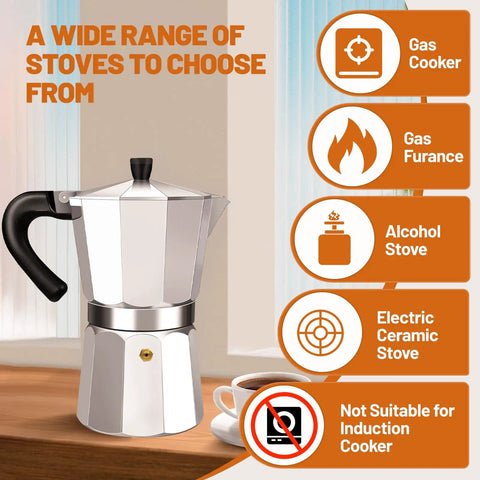 3 Cup Aluminum Espresso Stovetop Moka Pot Coffee Maker For Quick Espresso Percolator Style Italian Mocha Pot For Home And Camping 150ml 5oz Capacity Rich Aroma Every Brew on table with stove options chart
