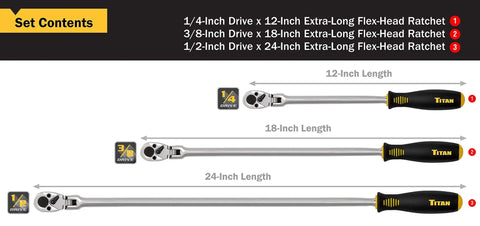 Three Piece 36 Tooth Extra Long Flex Head Ratchet Set With Comfort Grip Handles Built Tough From Chrome Vanadium Steel Reversible Ratcheting Includes One Quarter Inch Drive Twelve Inch Three Eighths Inch Drive Eighteen Inch And One Half Inch Drive Twenty showing 12, 18, 24 inch ratchets.