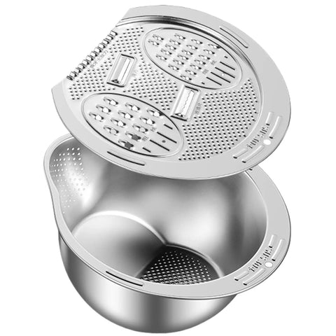 Stainless Steel Rice Strainer Colander With Side Drain, Grater Lid, Hanging Hole, And V-Shaped Bottom, 304 Grade Kitchen Washing Bowl