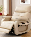 Cozy Dual Motor Electric Lift Recliner Chair With Lumbar Heating And Massage For Seniors, Infinite Lay Flat Comfort Plus USB Type-C Ports And Foldable Tray Table in cream color with adjustable footrest.