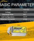 R-Line 750mAh 14.8V 95C 4S1P LiPo Battery Pack With XT30 Plug For RC Hobbyists And Enthusiasts, dimensions and specs shown