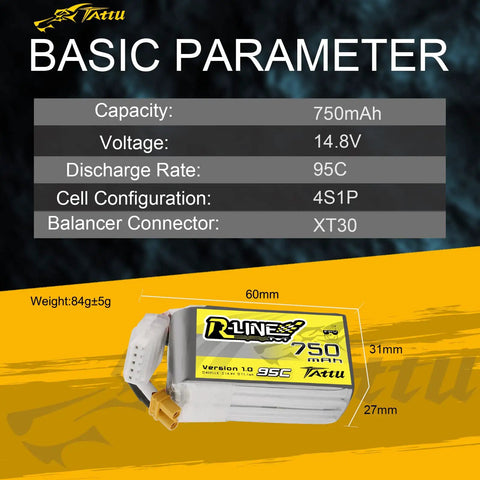 R-Line 750mAh 14.8V 95C 4S1P LiPo Battery Pack With XT30 Plug For RC Hobbyists And Enthusiasts, dimensions and specs shown