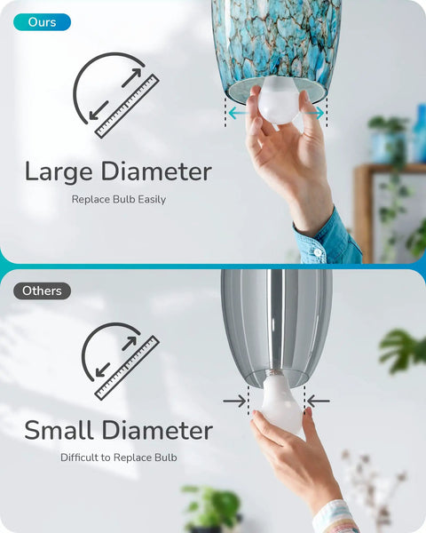 Comparison of bulb installation in Edishine Handcrafted Art Glass Pendant Light With Turquoise Blue Swirl Shade, focus on large diameter.