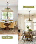 Mid Century Pendant Light 19 Inch Chandelier Featuring Bold Deep Green Shades Paired With Sleek Natural Wood And Polished Brass Accents A Legit Statement Fixture For Your Clean Modern Space above dining table.