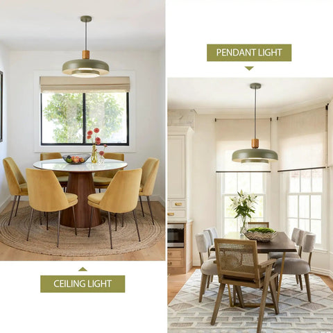 Mid Century Pendant Light 19 Inch Chandelier Featuring Bold Deep Green Shades Paired With Sleek Natural Wood And Polished Brass Accents A Legit Statement Fixture For Your Clean Modern Space above dining table.
