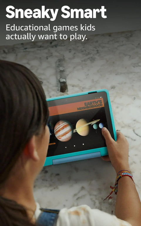 Child engaging with Dope Yet Durable Kids Tablet With A Snappy Eight Inch Hd Display 64 Gb Memory showing educational game.