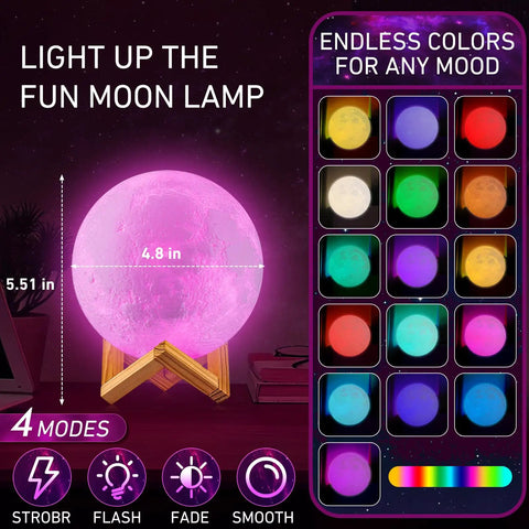 Colorful display of Moon Lamp 4.75 Inch 3D Printed LED Night Light with 16 colors, wooden stand, and remote control features.