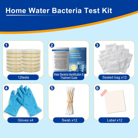 Drinking Water Bacteria Test Kit With 12 Tests Detecting Coliform And E Coli Plus All Bacteria For Home Well Tap Pool Hot Tub City Water Easy DIY Tester With Free Lab Analysis And Clear Step By Step Instructions components including culture plates and guide.