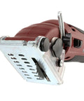 Heavy Hitting Yet Super Compact Mini Circular Saw Kit With Three Replacement Blades, close-up of blade housing and handle.