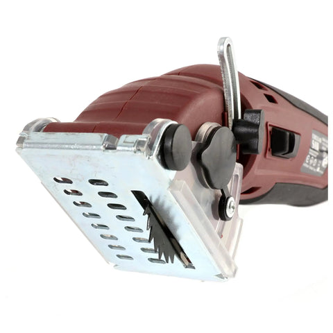 Heavy Hitting Yet Super Compact Mini Circular Saw Kit With Three Replacement Blades, close-up of blade housing and handle.