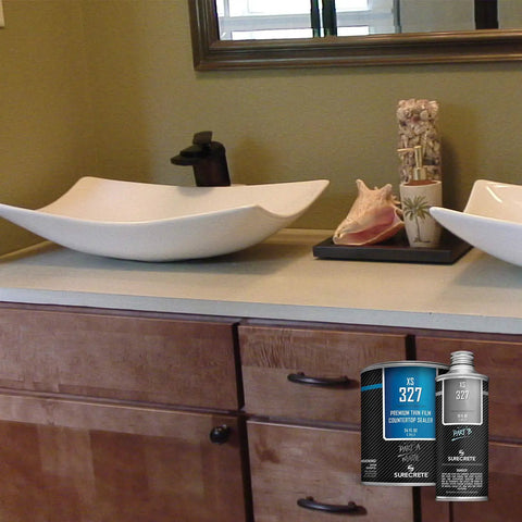 Top Tier Concrete Countertop Sealer Boasting Smooth Matte Finish No Fuss Water Based Application on a kitchen countertop.