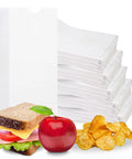 White Paper Bags with SOS Bottom, 500-Count, Size 5.00 x 3.12 x 9.75 Inches stacked with chips, apple, and sandwich